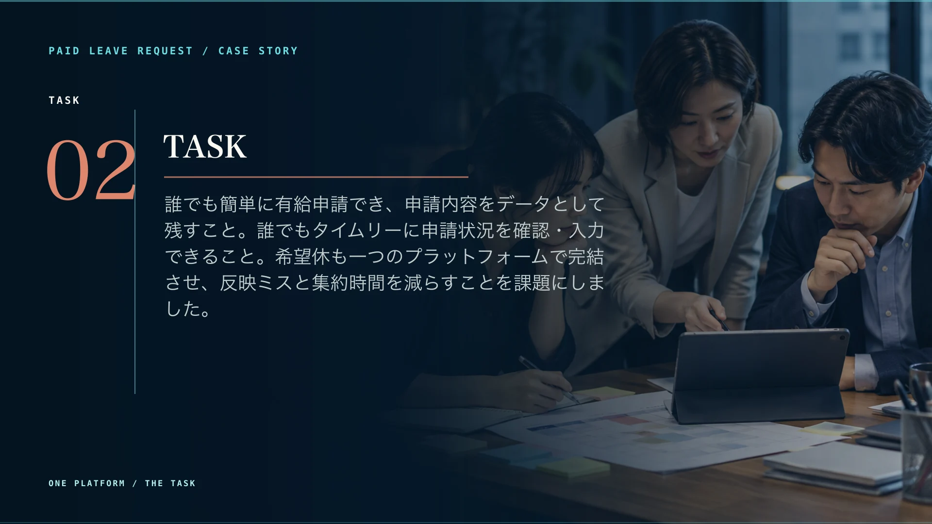 有給・希望休申請のTask。誰でも申請でき、申請状況をタイムリーに確認できる一つの流れを示す画像。