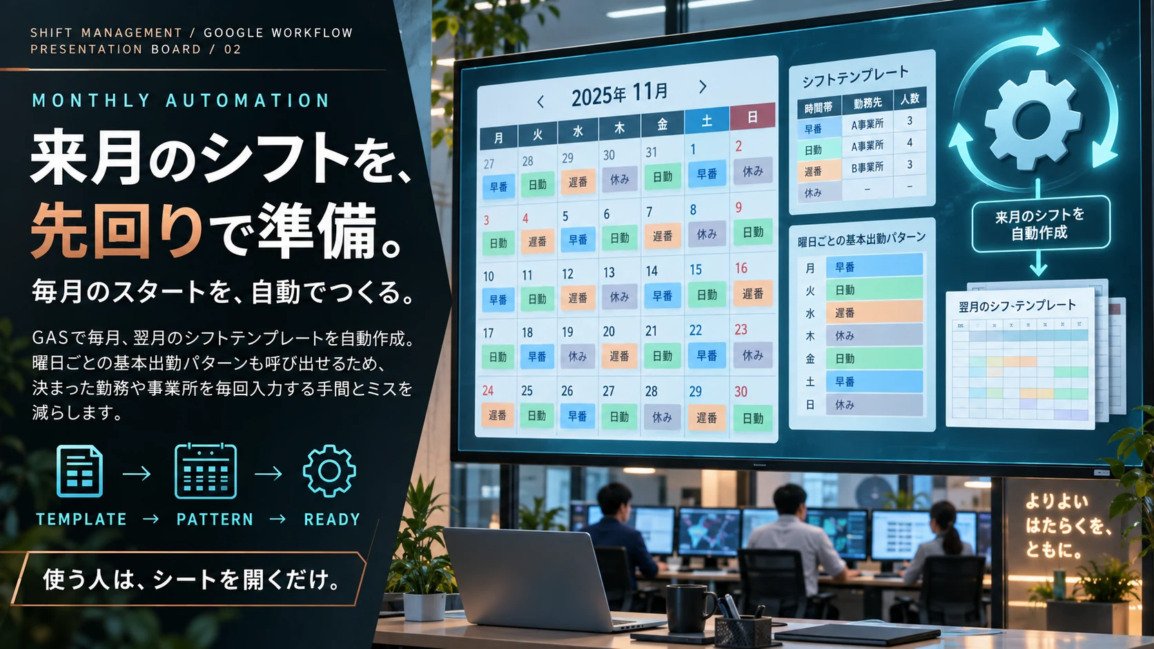 GASで翌月のシフトテンプレートを作成し、曜日ごとの基本出勤パターンを呼び出す自動化。