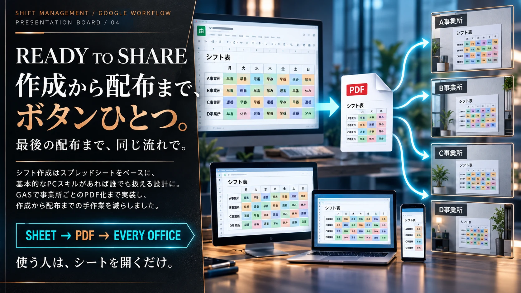 スプレッドシートで作成したシフトをGASで事業所ごとのPDFへ変換し、配布まで効率化する仕組み。