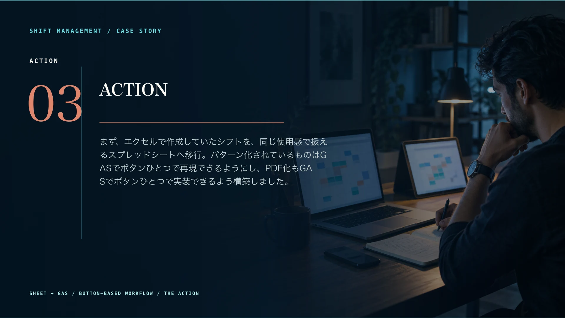 シフト管理のAction。Excelからスプレッドシートへ移行し、GASでパターン呼び出しとPDF化をボタン化した改善。
