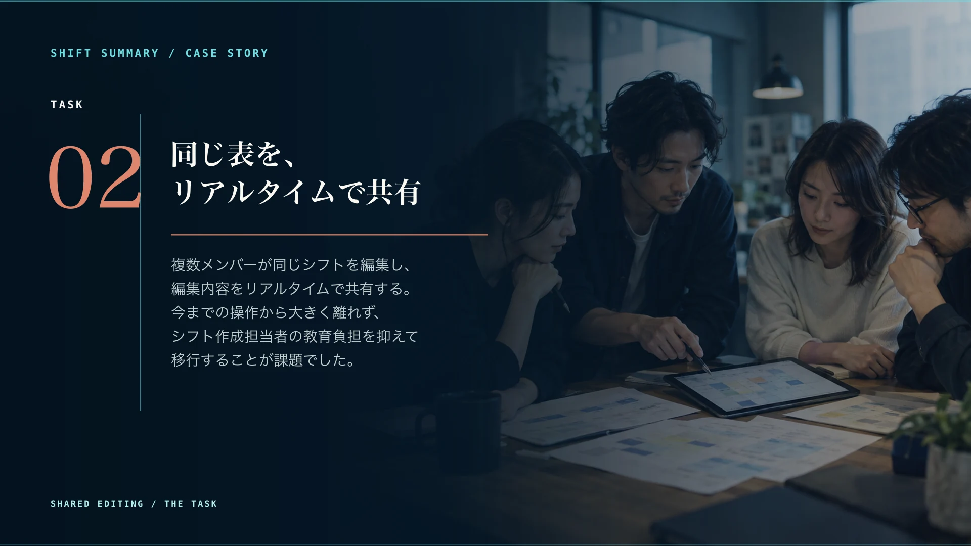 Task。複数メンバーが同じシフトを編集し、編集内容をリアルタイムで共有する課題を、チームで勤務表を確認する画像とともに示す画像。