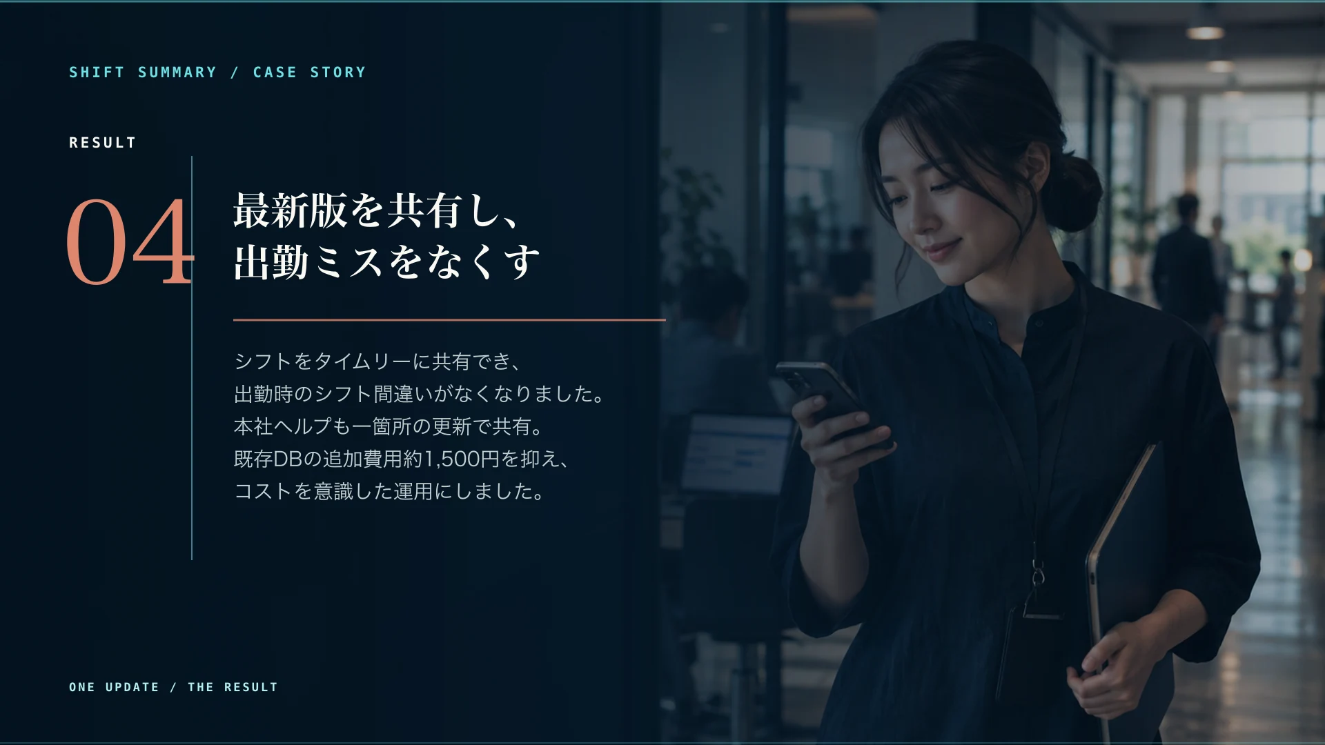 Result。最新版のシフトを共有して出勤ミスをなくし、既存DBの追加費用も抑えた成果を、スマートフォンで勤務表を確認する画像とともに示す画像。