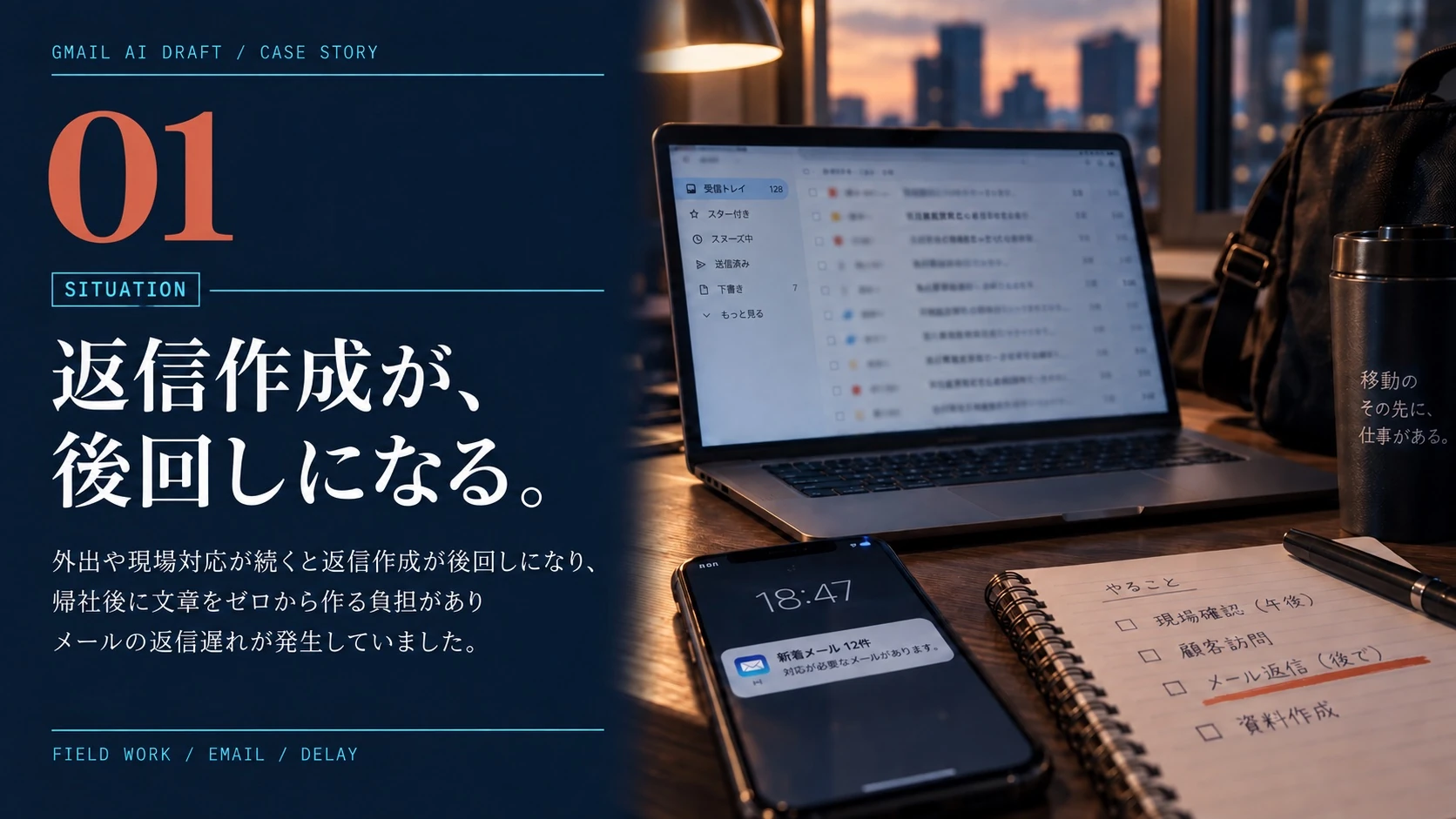 Gmail AI下書き支援のSituation。外出や現場対応が続くと返信作成が後回しになり、返信遅れが発生していた状況を示すビジュアル。