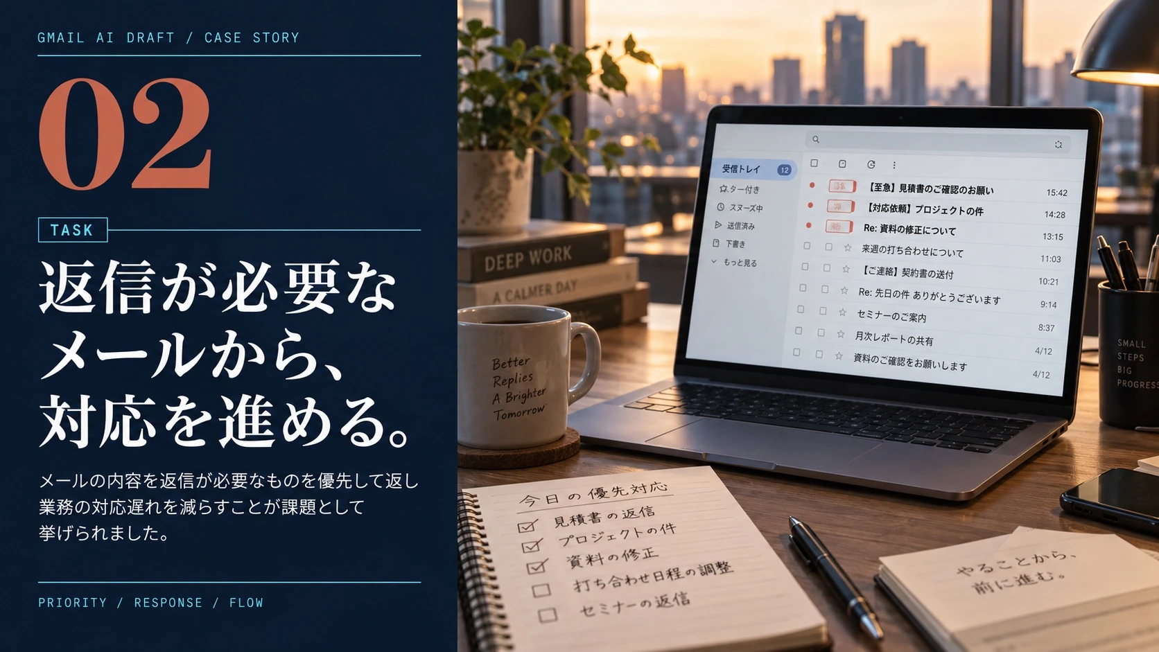 Gmail AI下書き支援のTask。返信が必要なメールを優先し、業務の対応遅れを減らす課題を示すビジュアル。