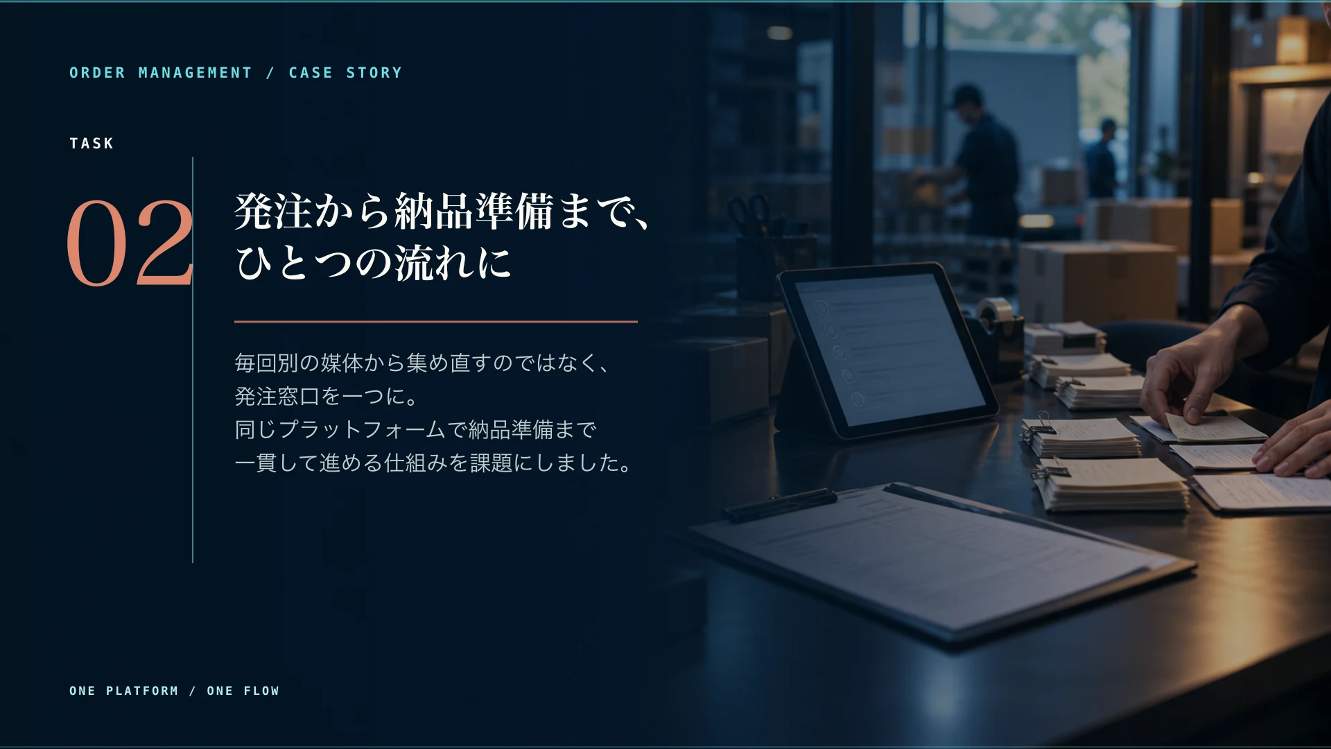 Task。発注プラットフォームを統一し、毎回複数の媒体から情報を集め直すことなく、発注から納品準備まで同じ流れで進める仕組みを課題に設定。