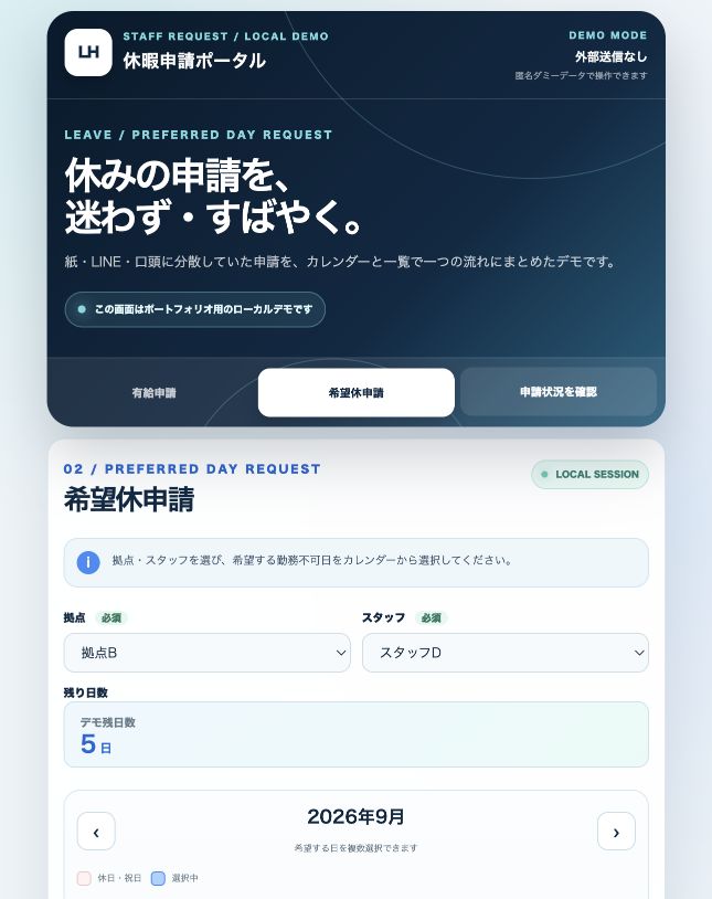 匿名化した希望休申請アプリの実際の入力画面キャプション